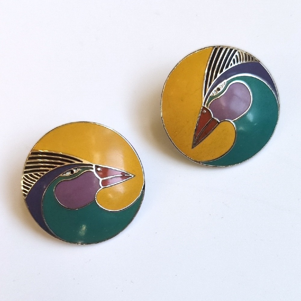 Vtg Laurel Burch‎ Harlequin Bird Earrings - Round Circle Gold Tone Studs Yellow